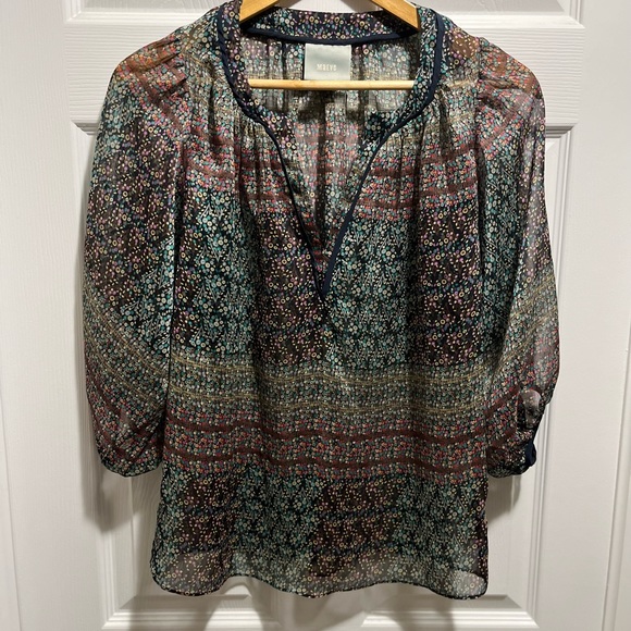 Anthropologie Maeve Poppy Print Pull Over 3/4 Length Sleeves V-neck Blouse Sz XS - Picture 12 of 12